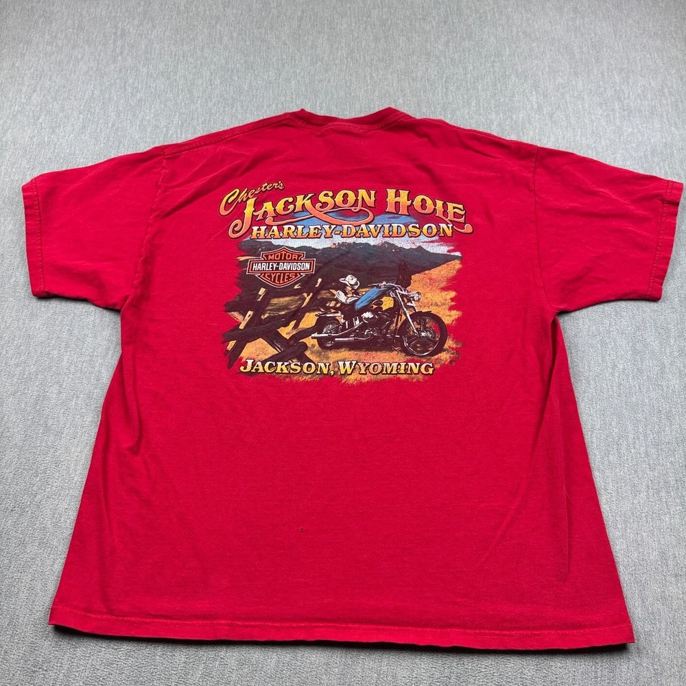 Harley Davidson T Shirt Men XL Red Chester's Jackson Hole Wyoming Motorcycle‎